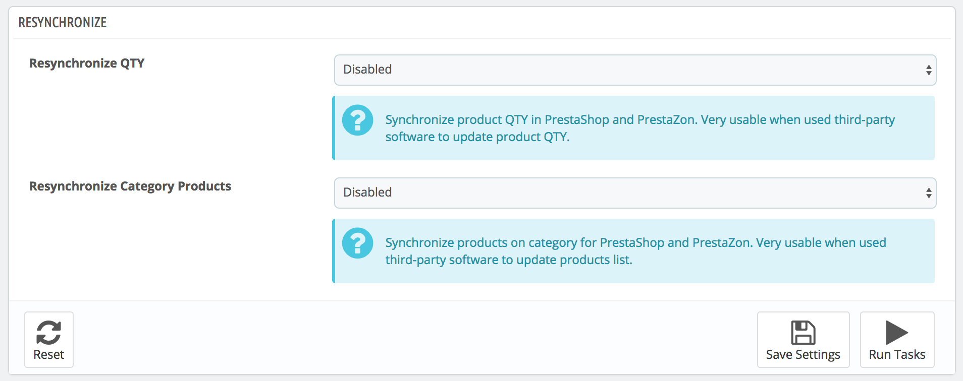 PrestaShop Amazon module — Resynchronize Options
