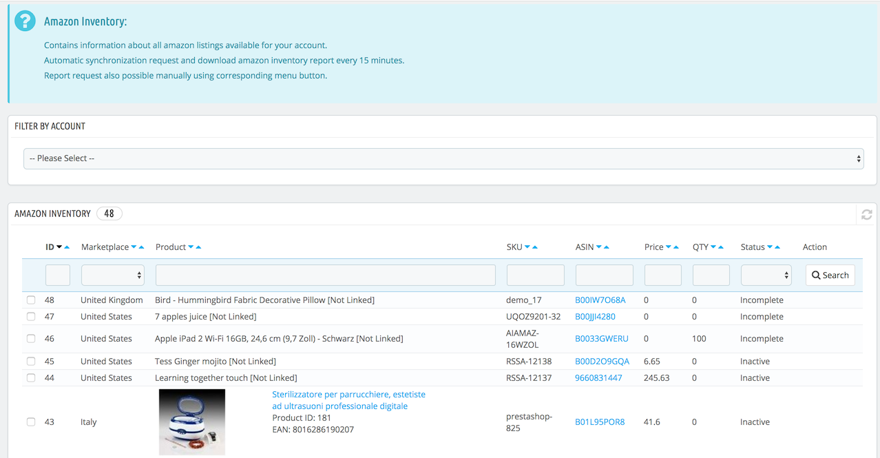 PrestaShop Amazon Integration — Amazon Inventory