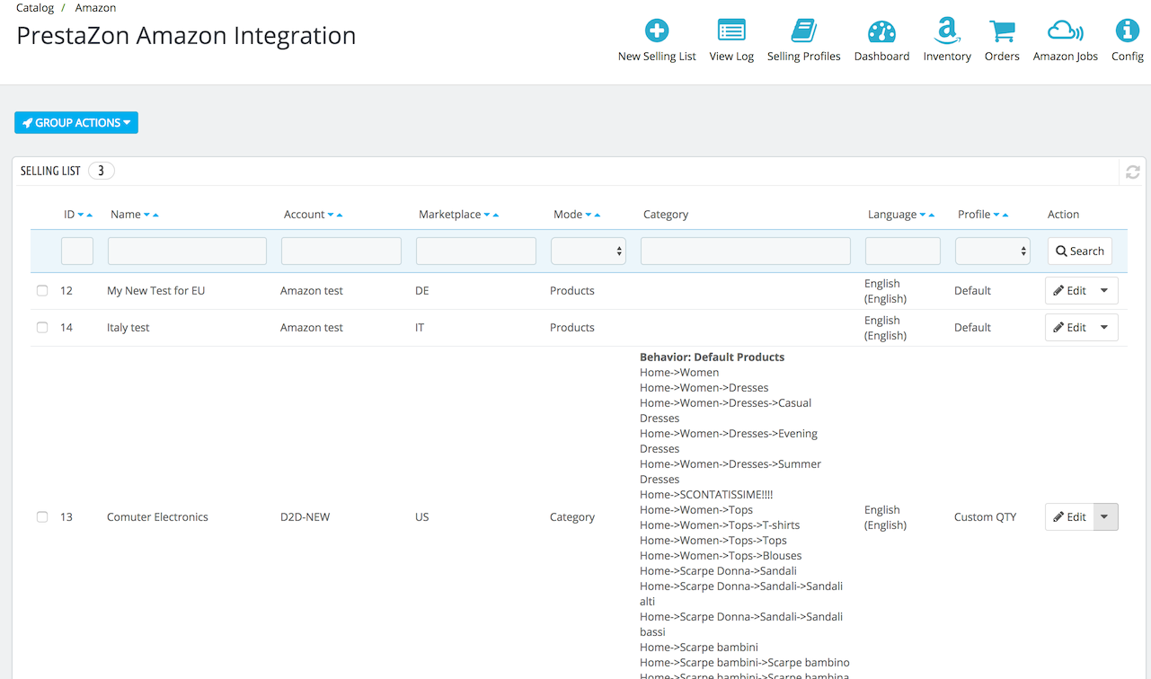 PrestaShop Amazon Integration Selling List