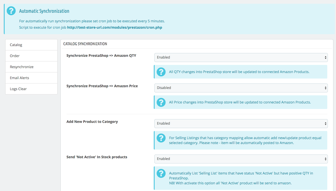 PrestaShop amazon Integration — Synchronization settings