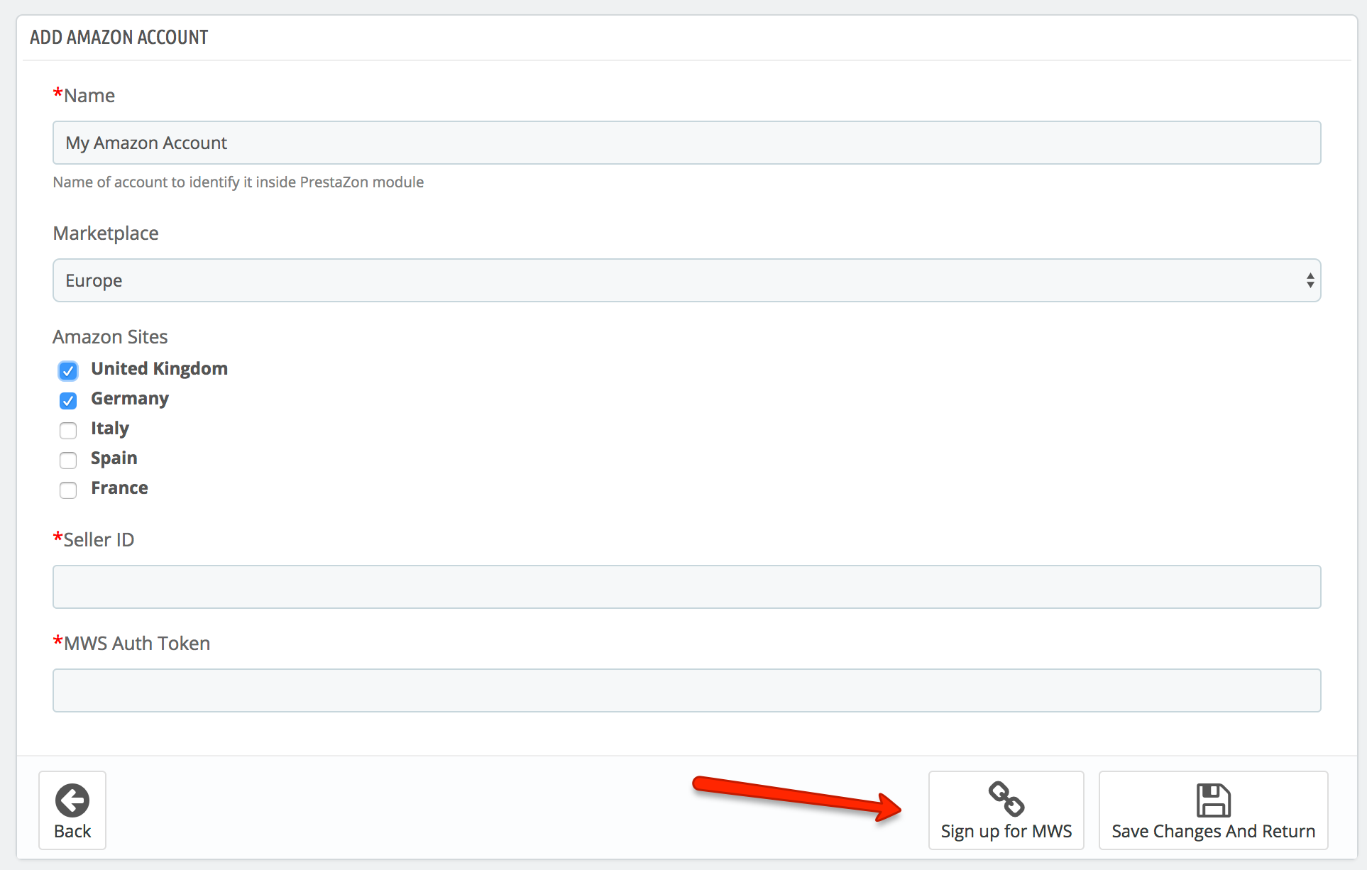 PrestaShop Amazon module — Adding your Amazon Account