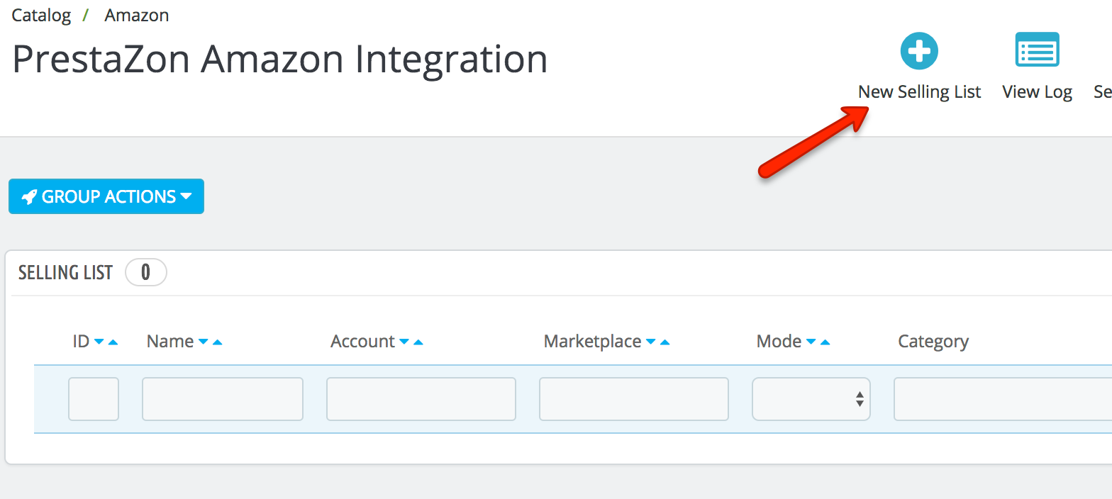 PrestaShop Amazon module — Create New Selling List