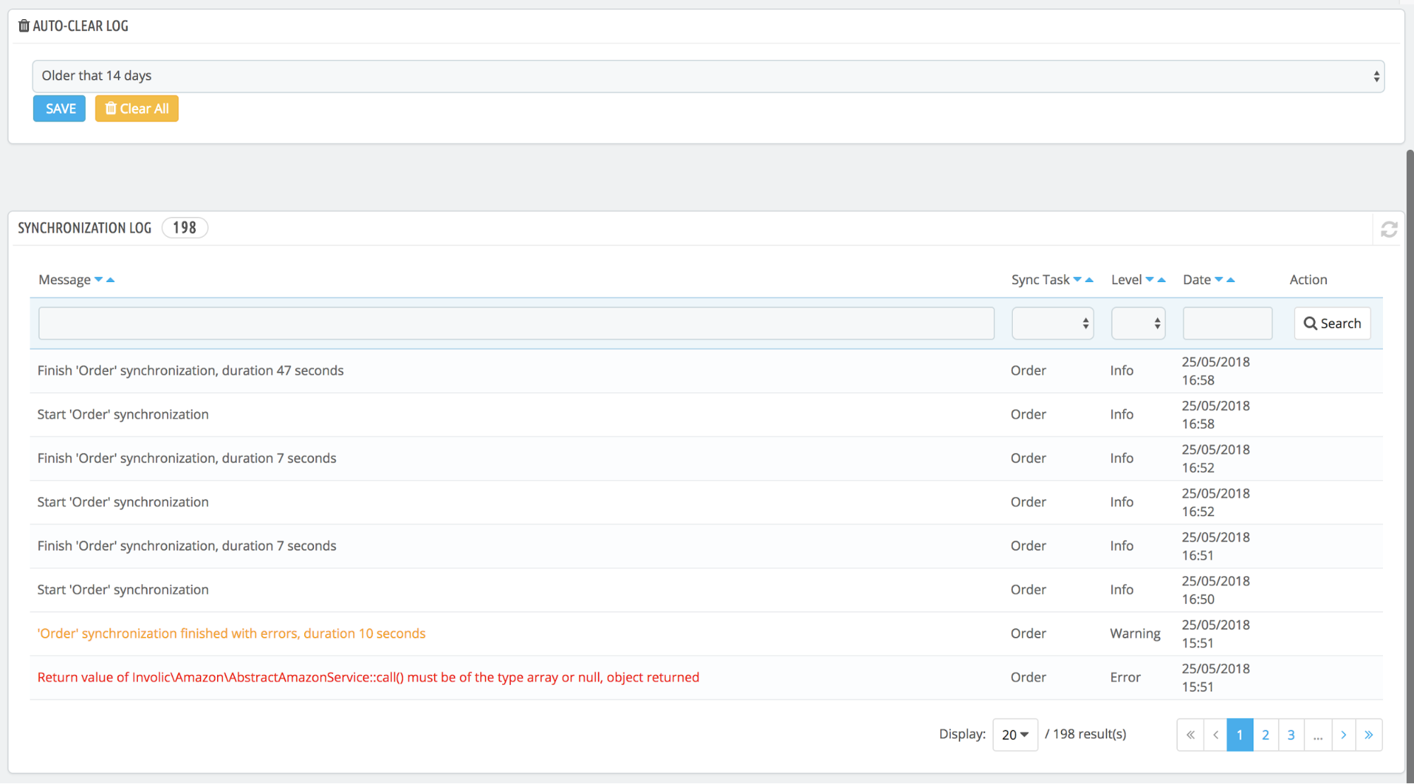 PrestaShop Amazon module — Logs (Synchronization, Selling Logs, Order Logs)