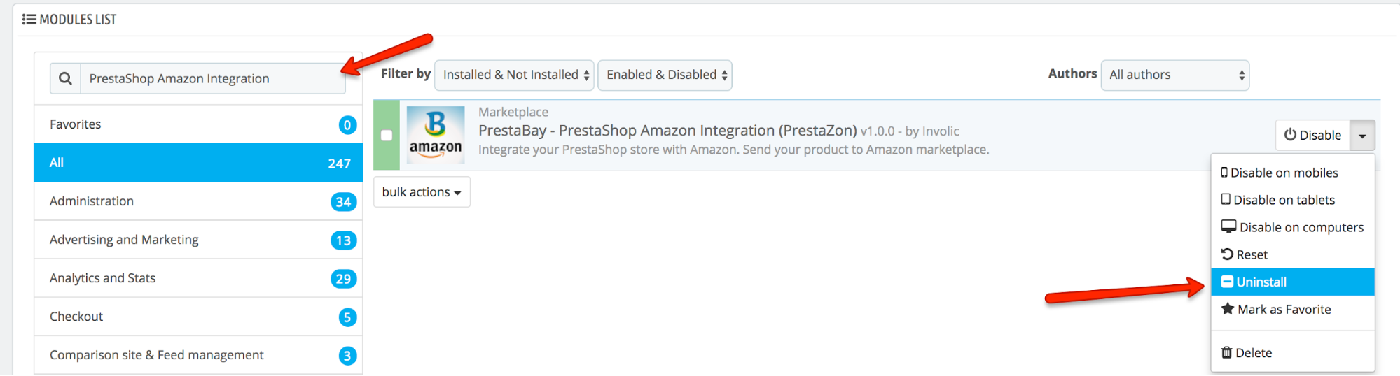 PrestaShop Amazon module — Uninstalling module