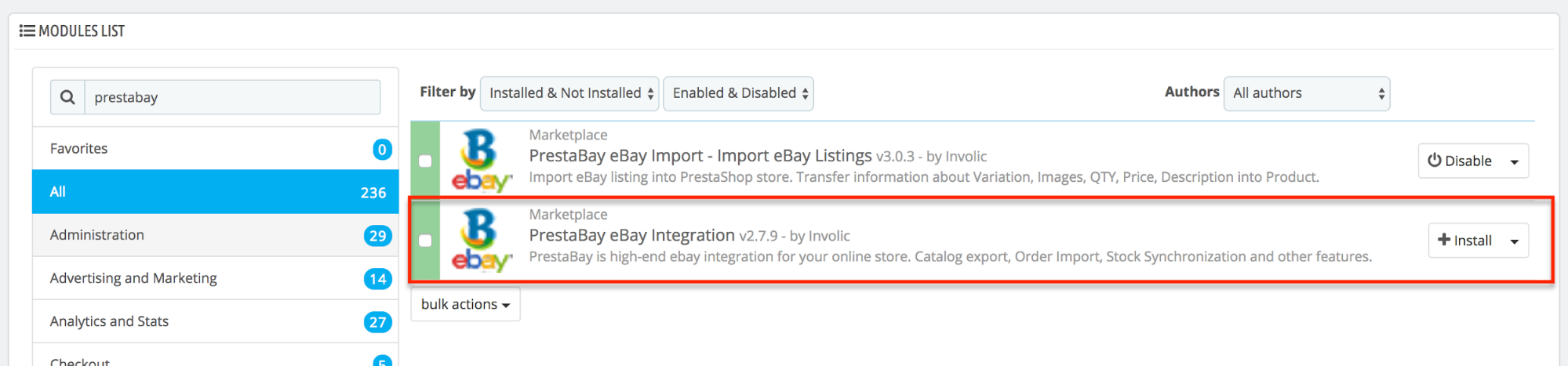 Modulo eBay PrestaShop — Installazione del modulo PrestaBay