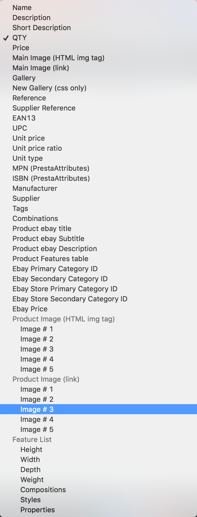Modulo eBay PrestaShop — Variabili nel modulo PrestaBay
