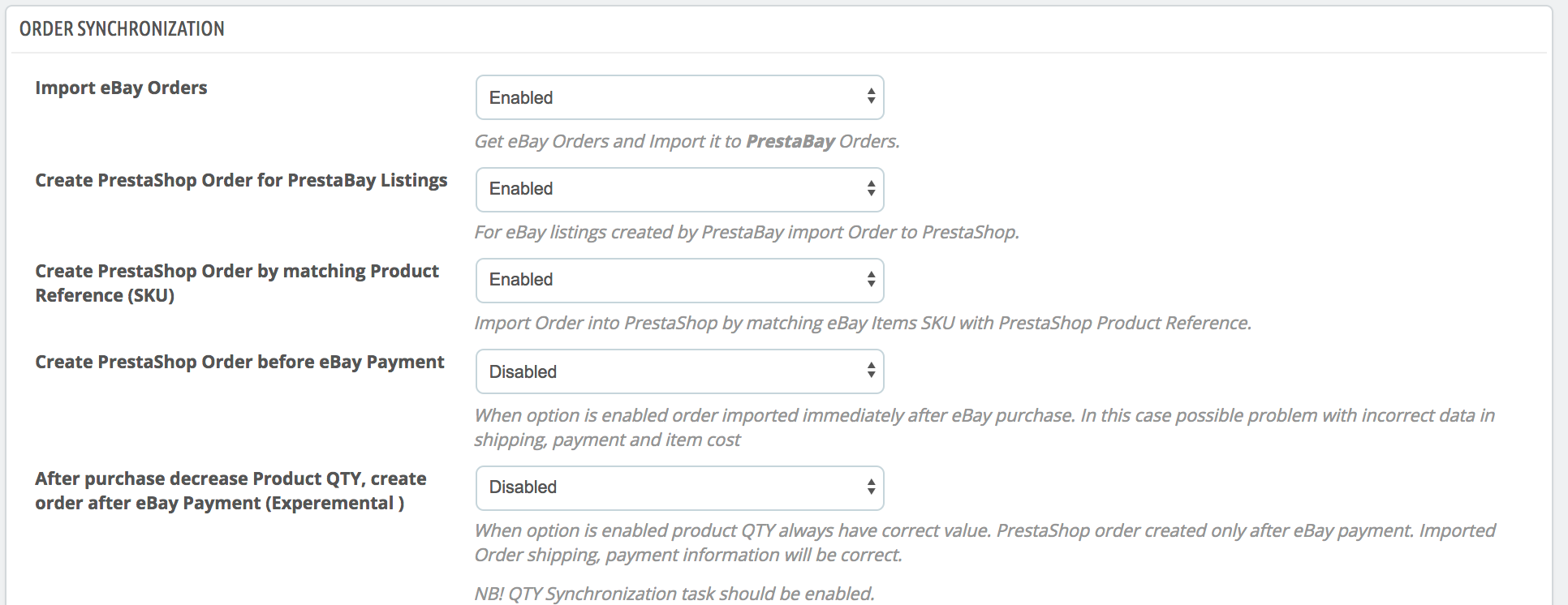 PrestaShop Ebay Modul — Optionen für die Auftragssynchronisation