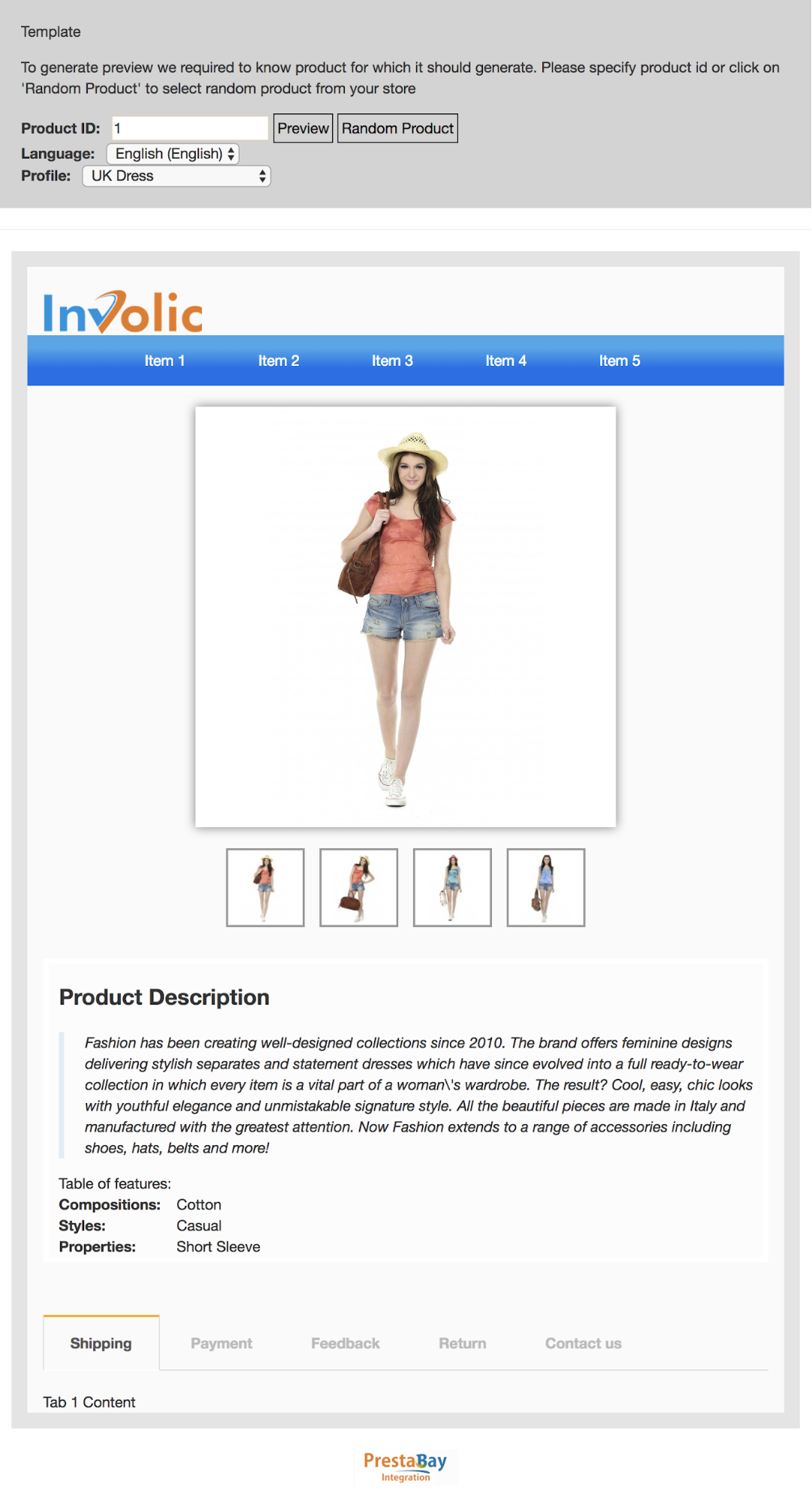 PrestaShop Ebay Modul — Vorschau der Beschreibungsvorlage
