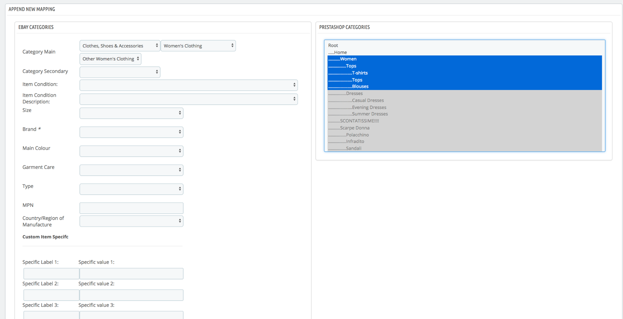 PrestaShop ebay module — Create New Category Mapping