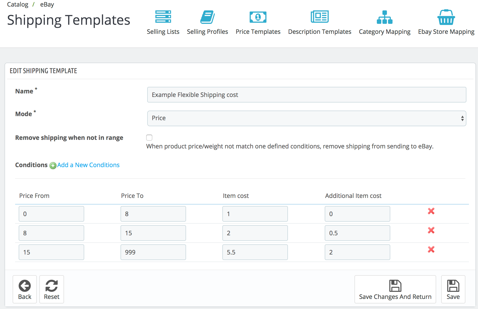 PrestaShop ebay module — Create new Shipping Template