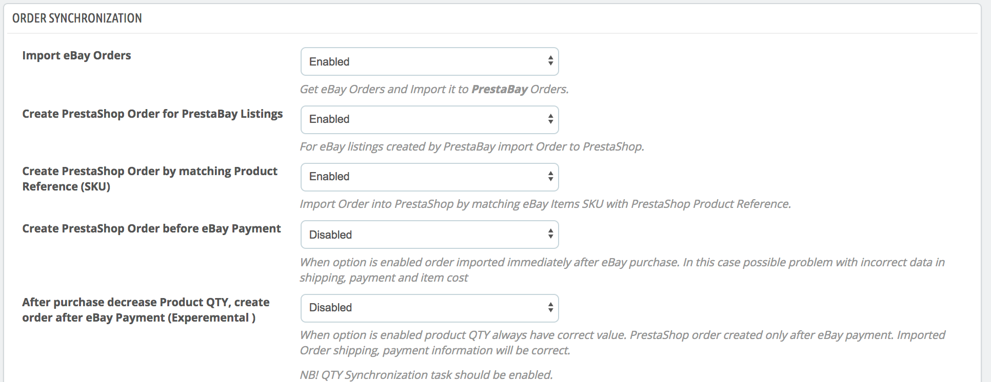 PrestaShop ebay module — Order Synchronizations Options