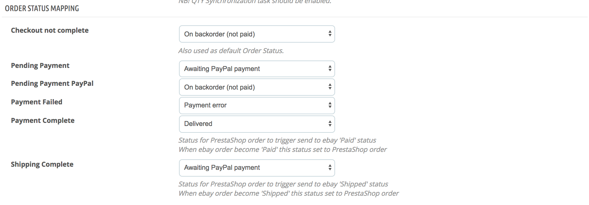 PrestaShop ebay module — Order Synchronizations Options