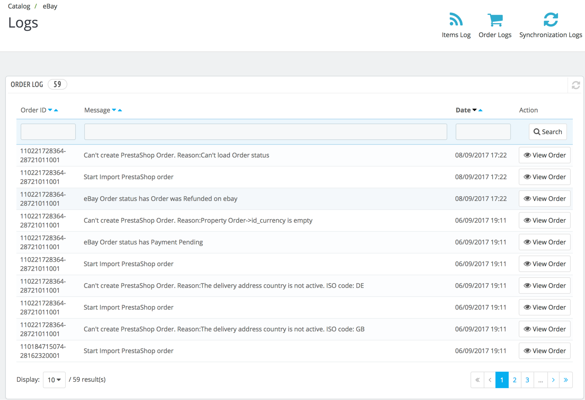 PrestaShop ebay module — Orders Log
