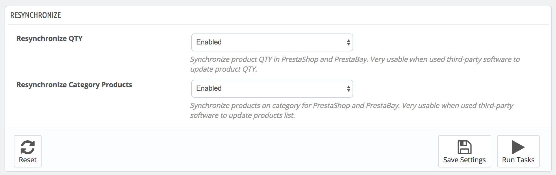 PrestaShop ebay module — Resynchronize Options