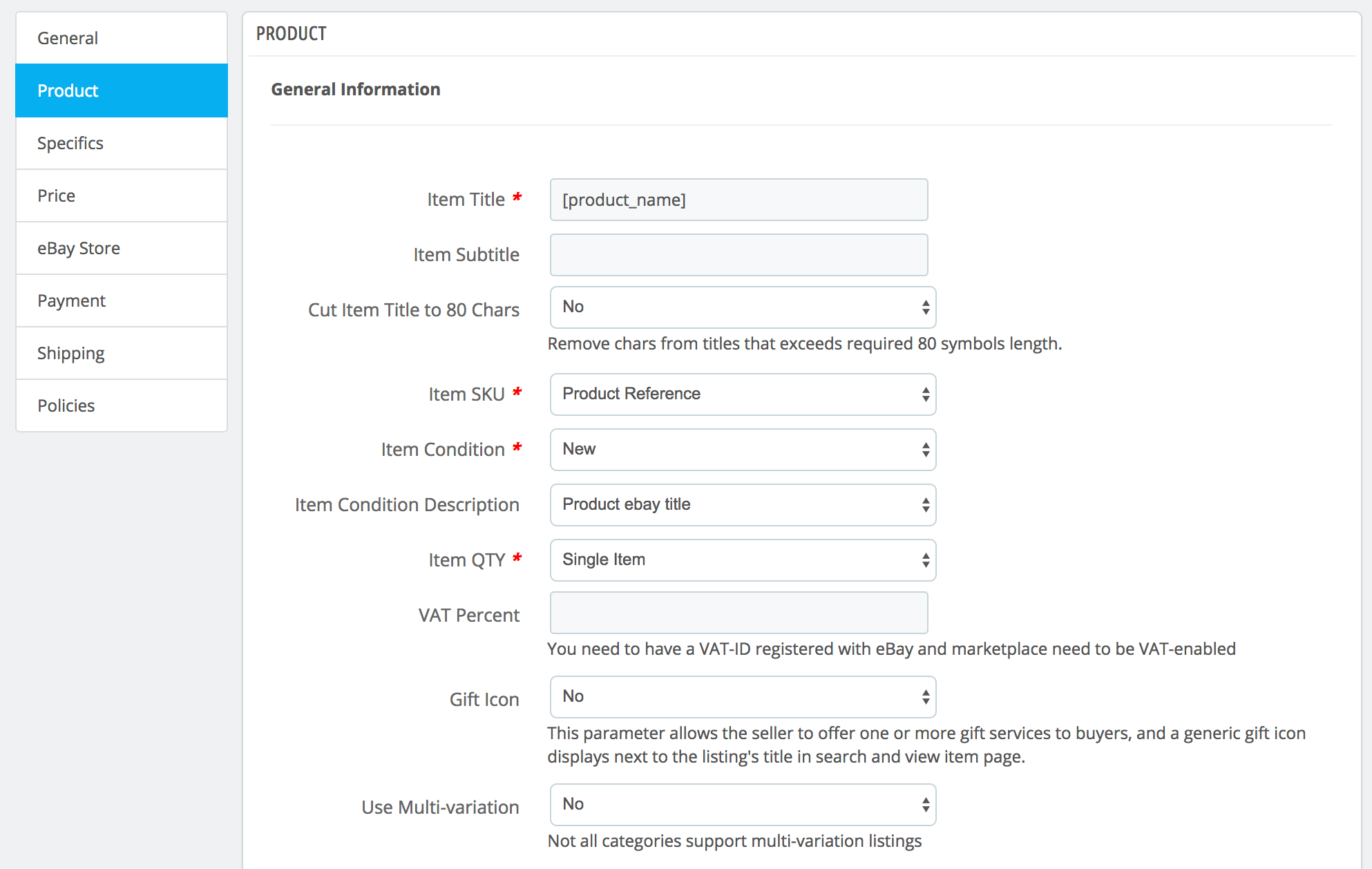 PrestaShop ebay module — Selling Profile — General tab