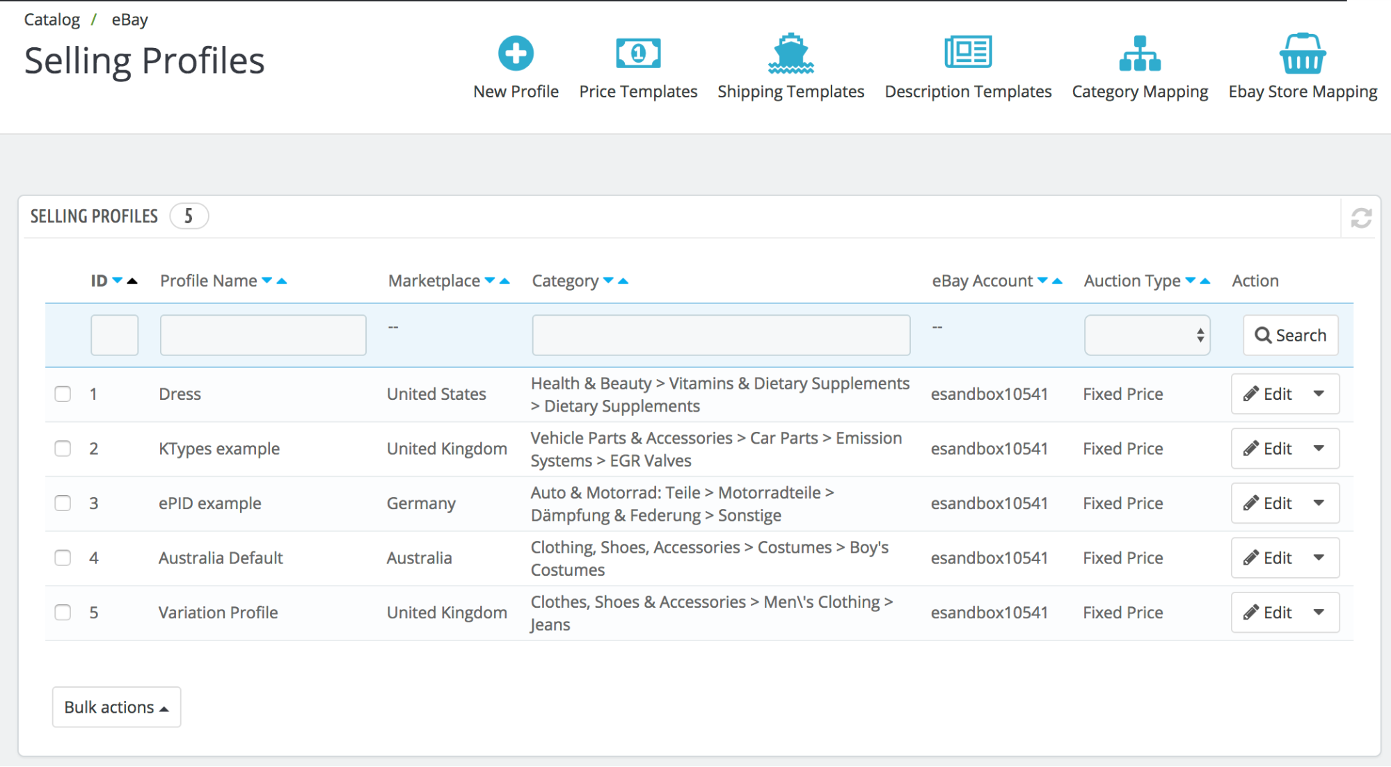 PrestaShop ebay module — Selling Profiles