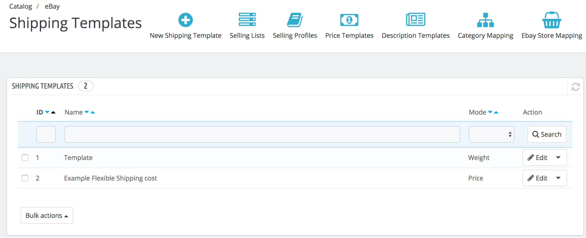 PrestaShop ebay module — Shipping Templates
