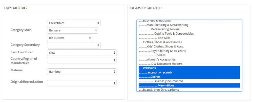 PrestaShop category to Ebay mapping