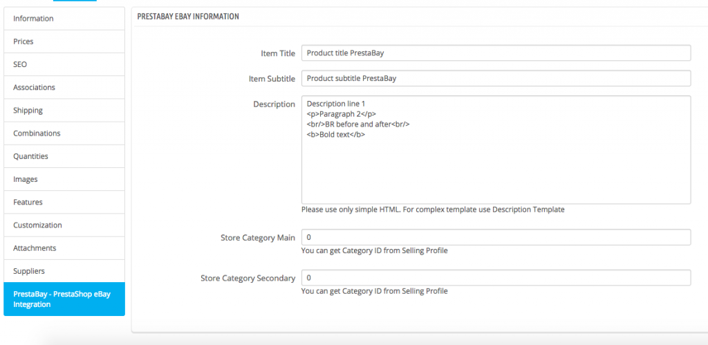 PrestaShop product Ebay tab